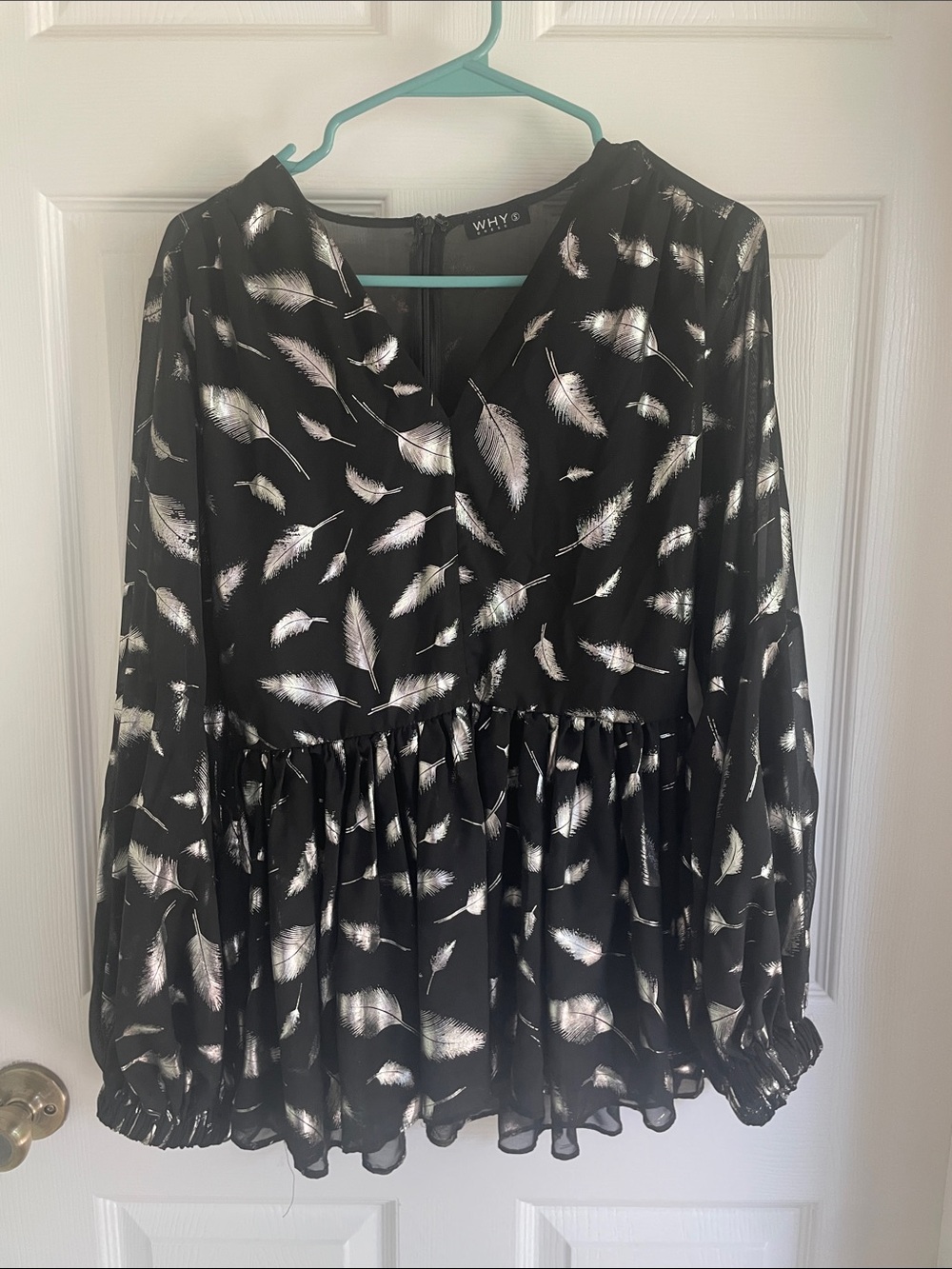 WHY Black Feather-Print Peplum Tunic